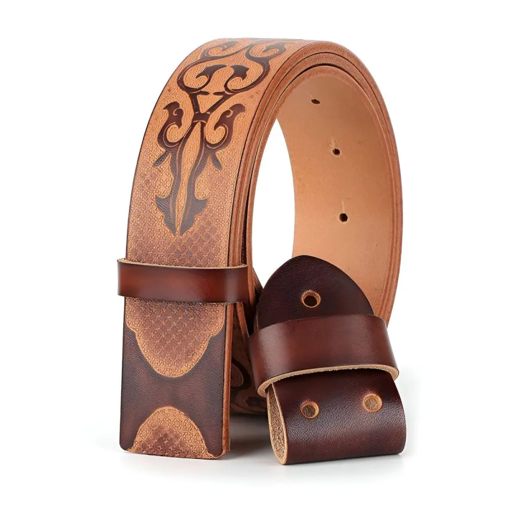 Embossed full-grain leather belt with decorative buckle for a sophisticated look