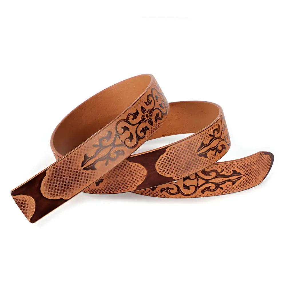 Embossed full-grain leather belt with decorative buckle for durable style