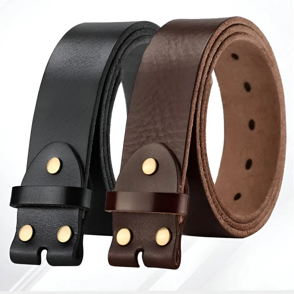 Full-grain leather belt straps with gold rivets for a classic look