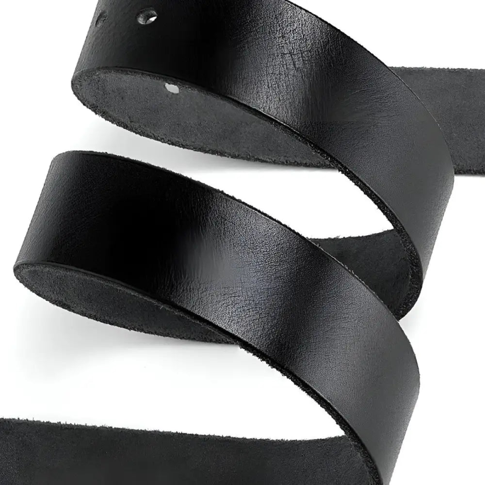 Black full-grain leather belt with gold rivets for a classic, stylish look