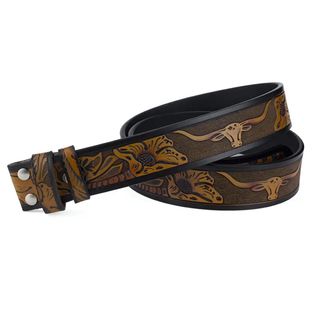 Brown leather belt featuring floral and longhorn embossed decorative designs