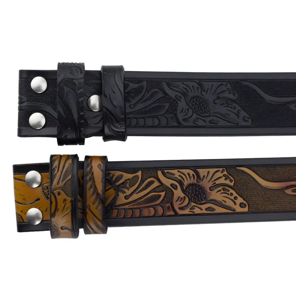 Embossed black leather belts with decorative designs displayed for the product Embossed Black Leather Belt with Decorative Design