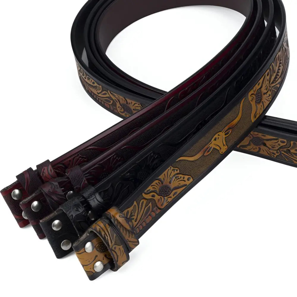 Embossed black leather belt with decorative buckle design for stylish accessories