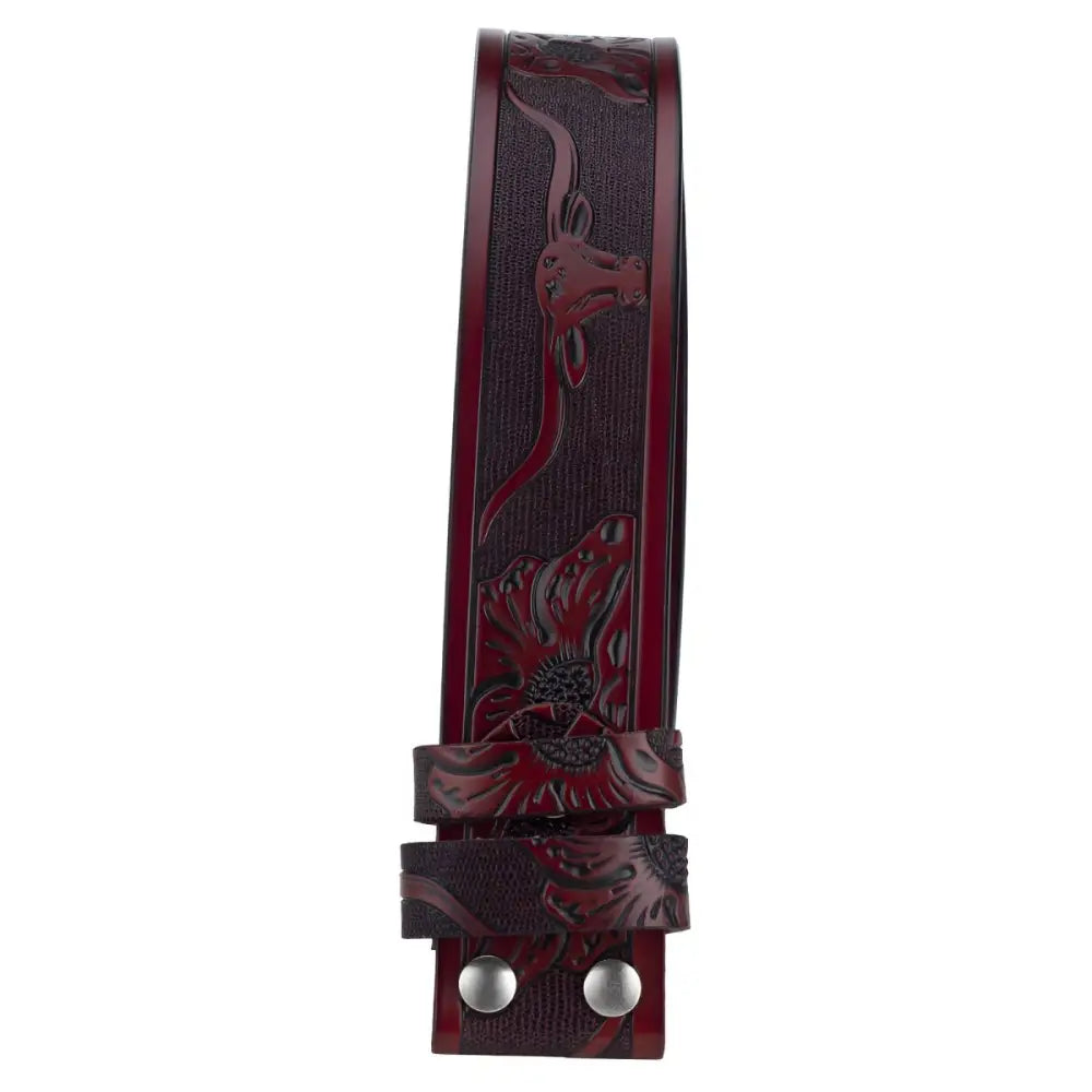 Embossed Black Leather Belt with Burgundy floral and dragon design for elegant fashion