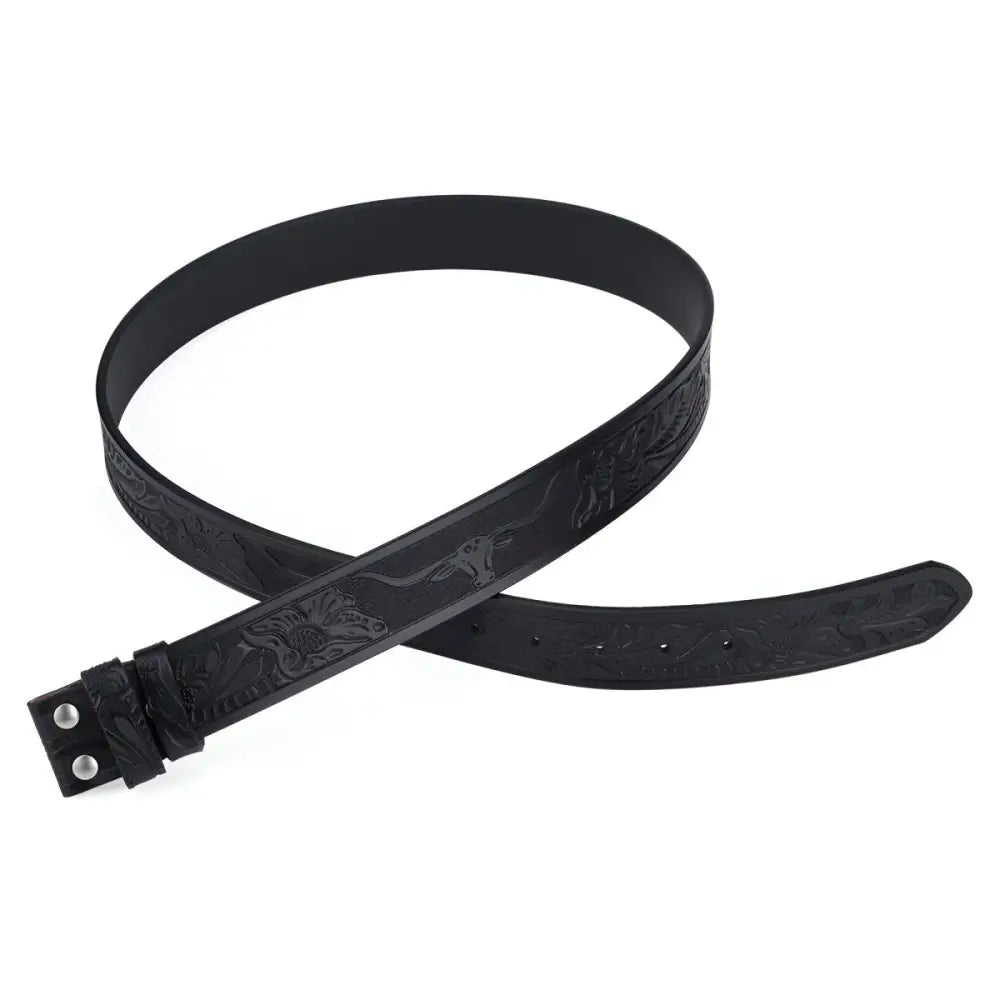Embossed black leather belt with decorative design for stylish accessorizing
