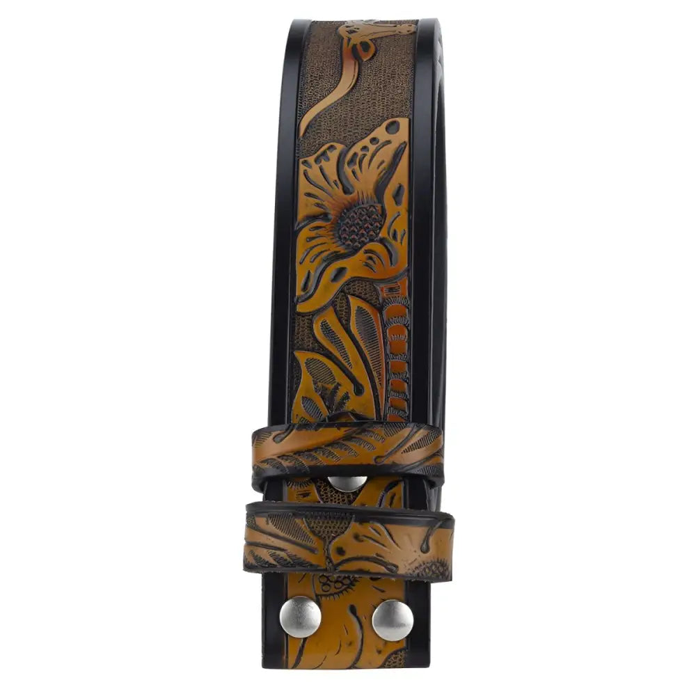 Embossed Black Leather Belt with Decorative Design featuring a leather belt buckle