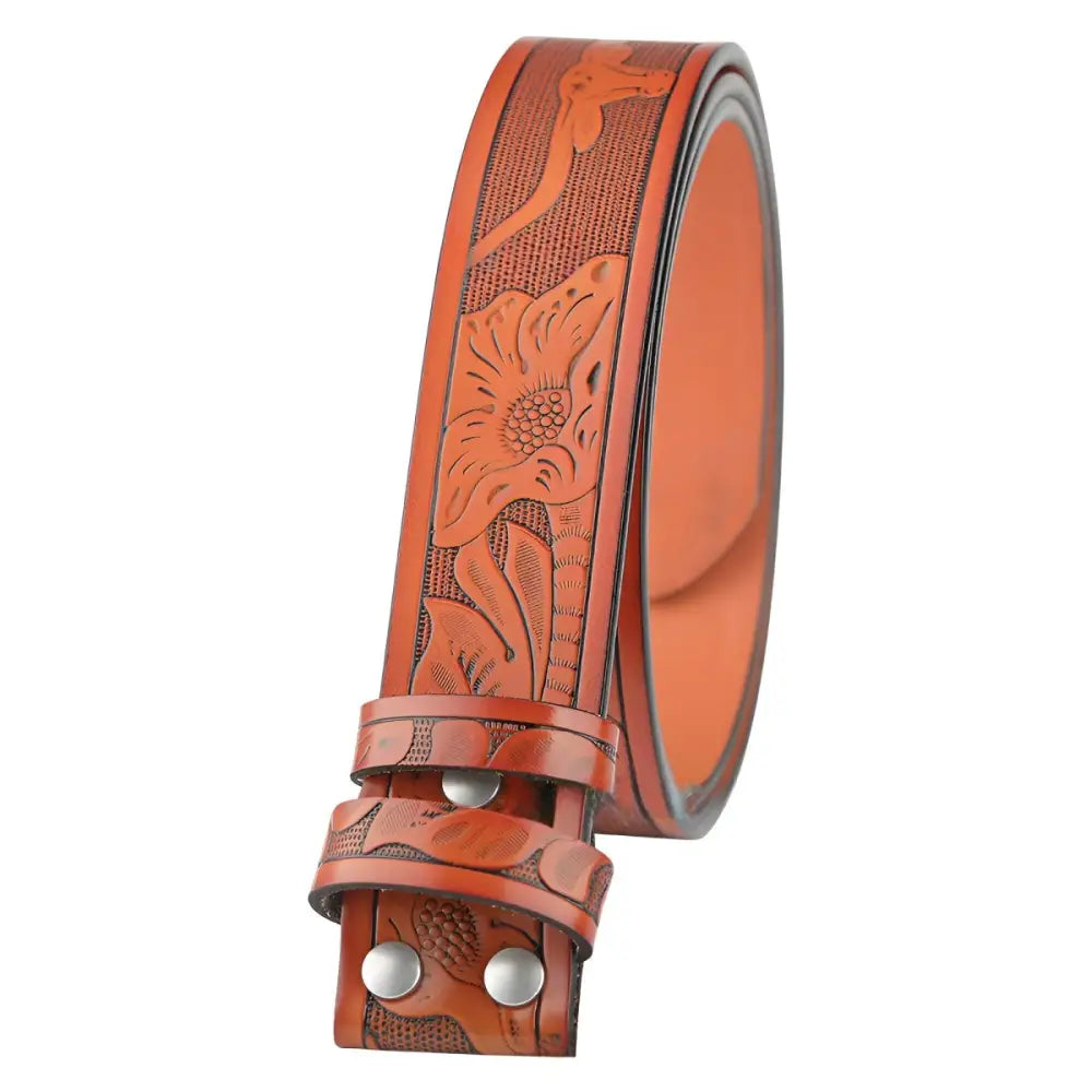 Embossed black leather belt with decorative design for sophisticated accessories