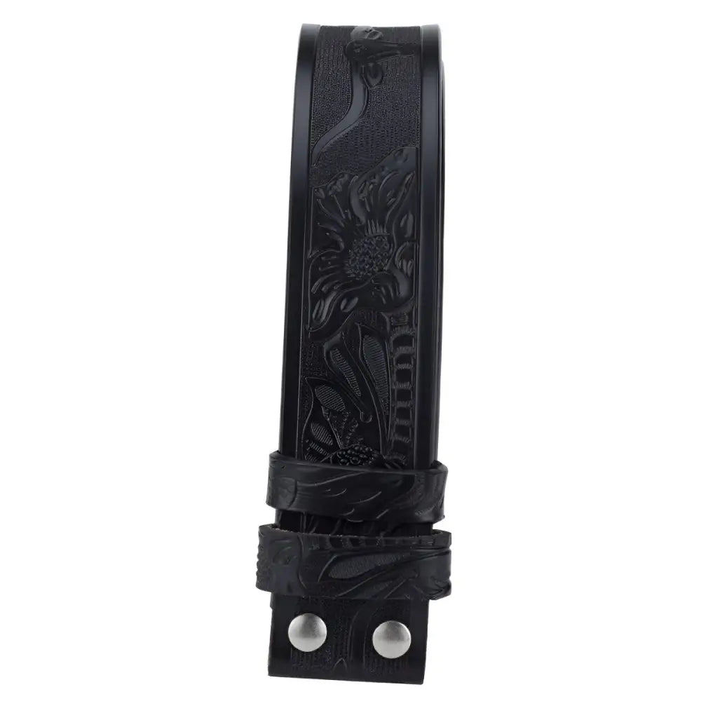 Black leather belt holder with embossed decorative design for sophisticated style