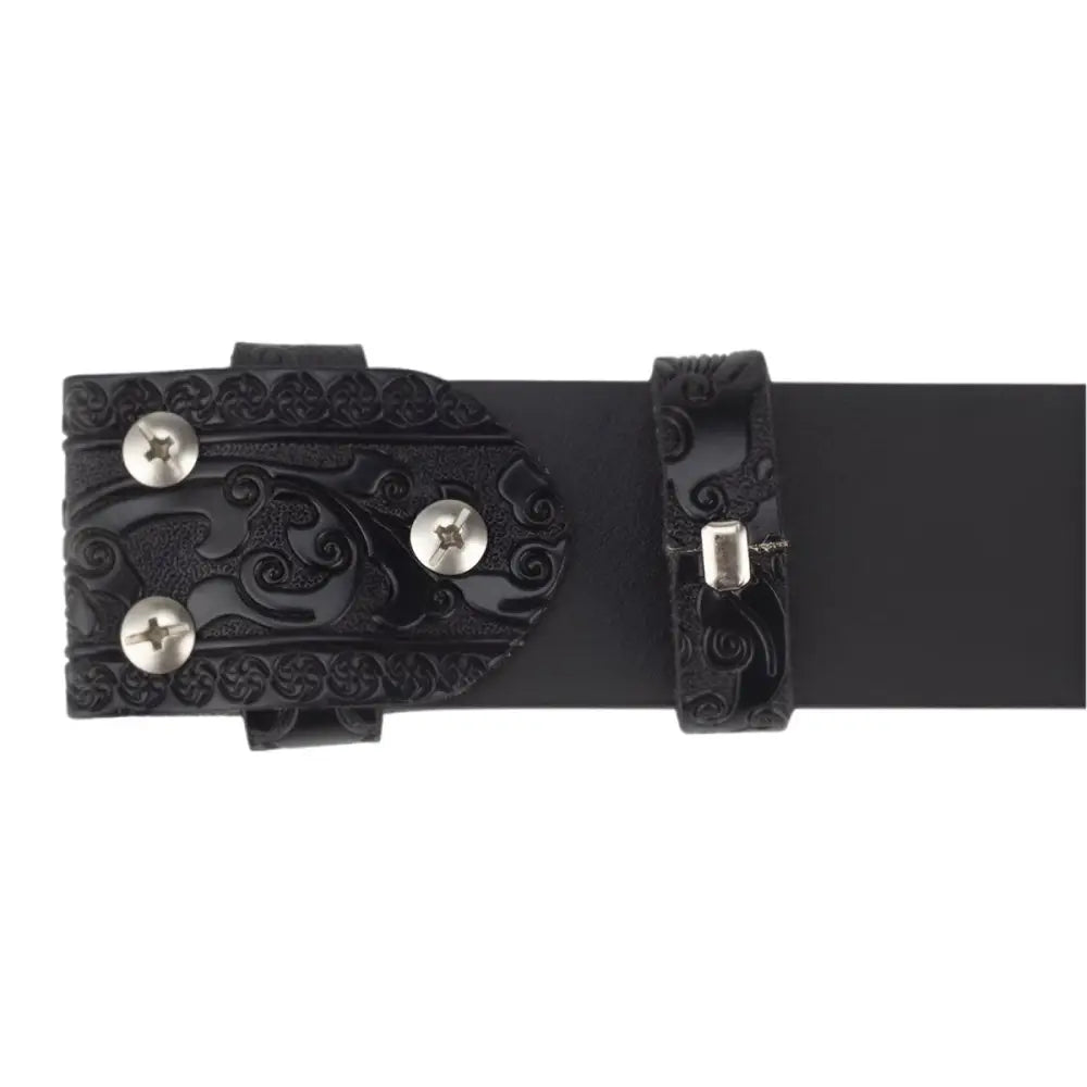 Black leather belt with ornate buckle included in Black Patterned Ashtray and Leather Belts Set