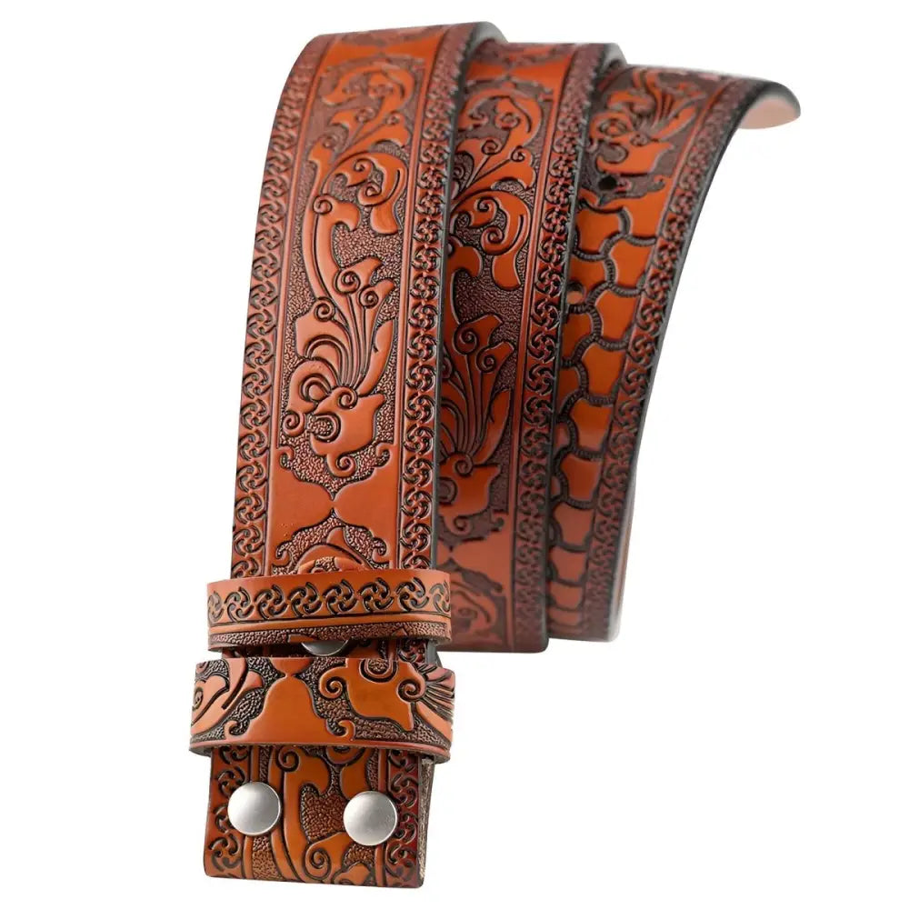 Embossed brown leather belt from Black Patterned Ashtray and Embossed Leather Belts Set