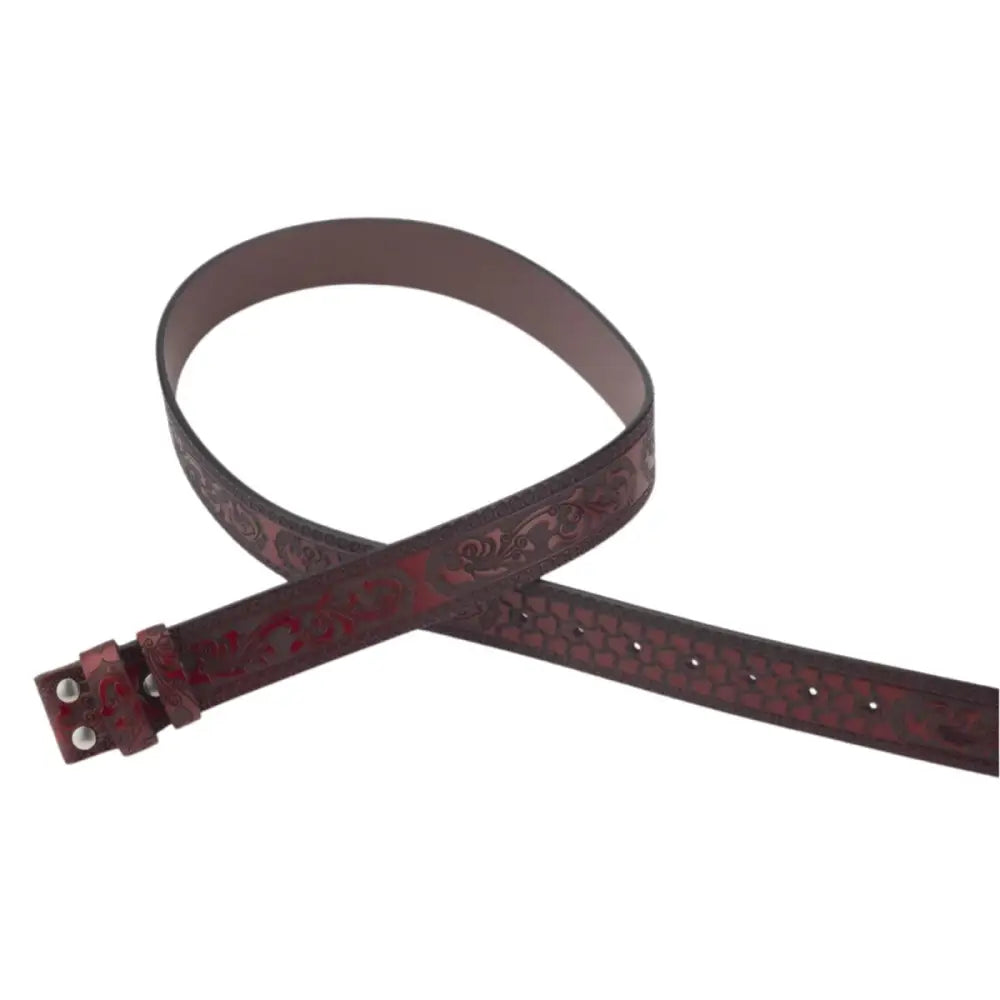 Embossed burgundy leather belt included in Black Patterned Ashtray and Leather Belts Set