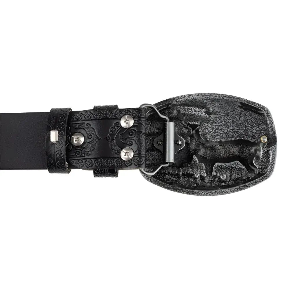 Black leather belt with decorative buckle from the Black Patterned Ashtray and Embossed Leather Belts Set