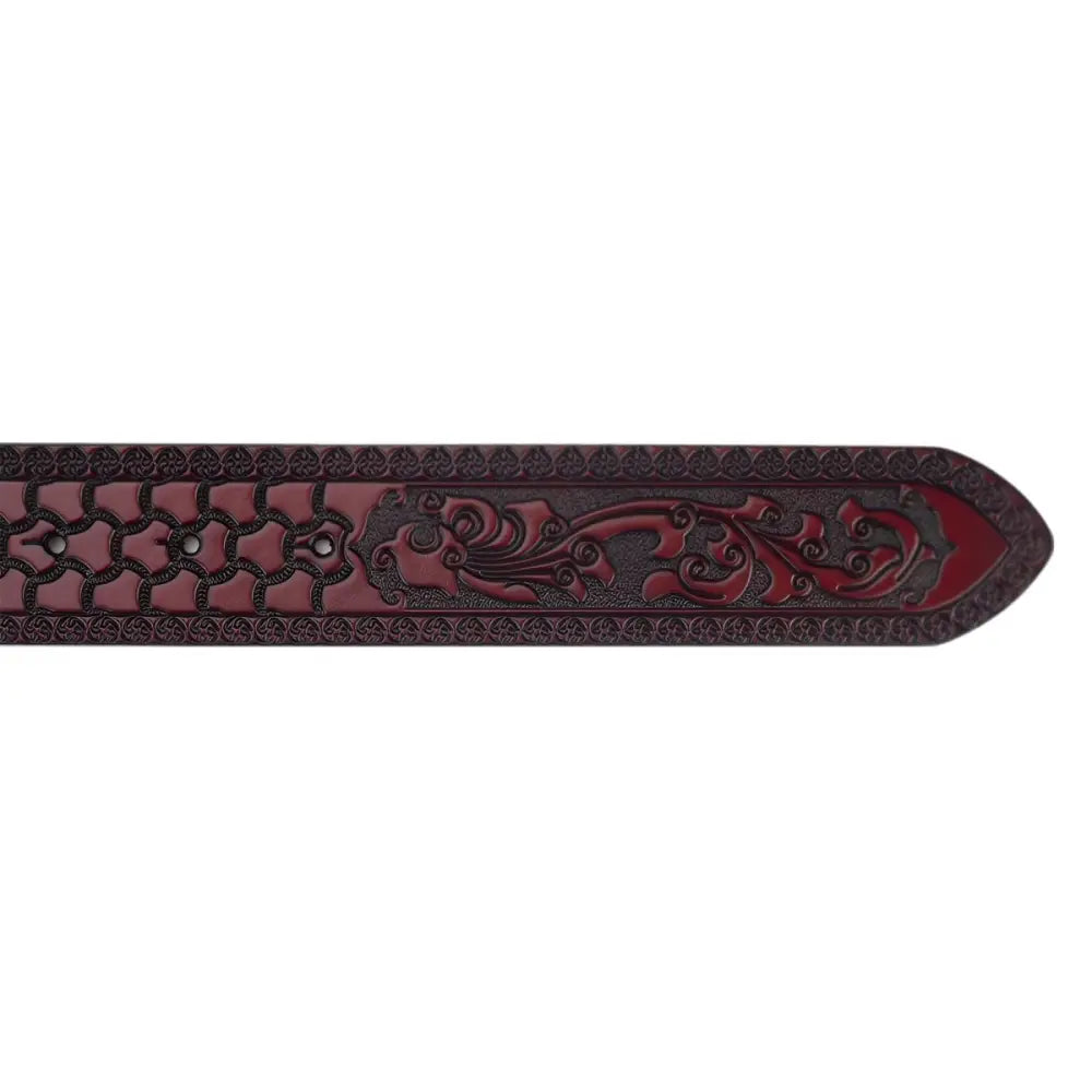 Embossed leather belt end displayed with black patterned ashtray in set product image