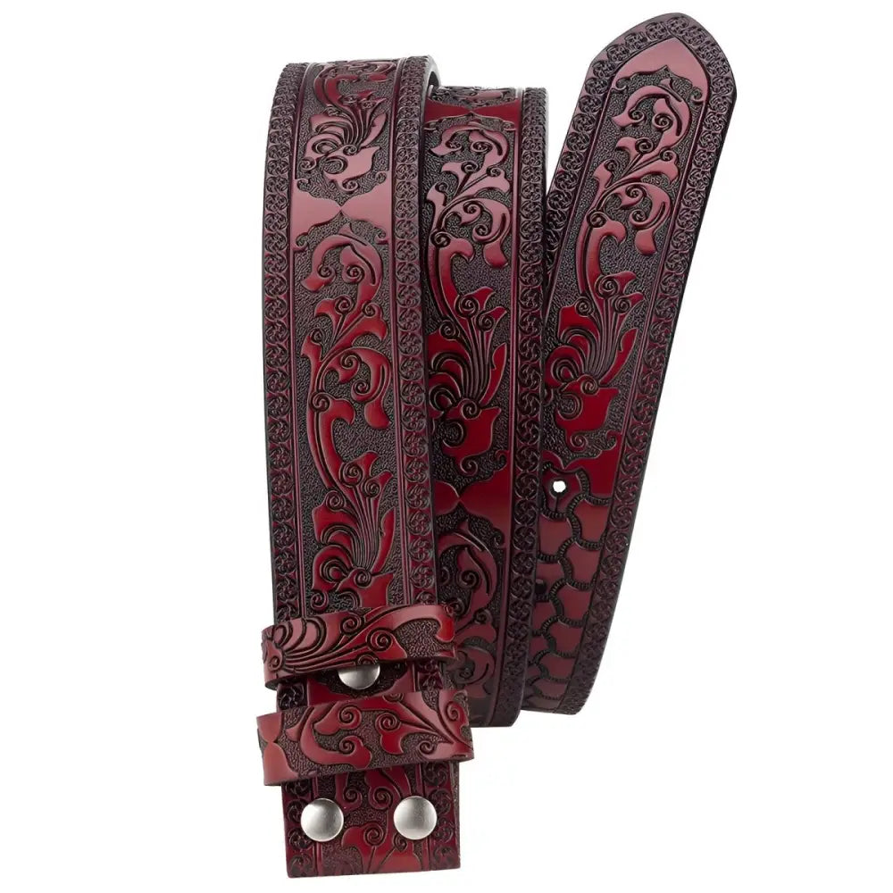 Burgundy leather belt with floral embossing featured in Black Patterned Ashtray and Embossed Leather Belts Set