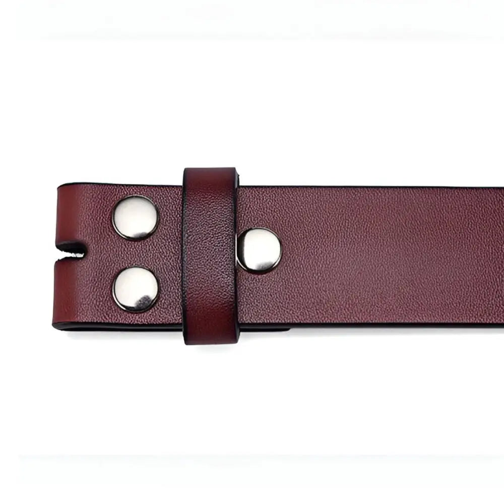 Burgundy leather belt featuring silver studs and hardware with snap closures