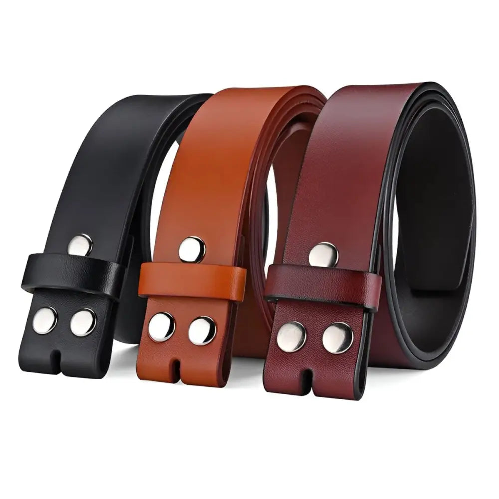 Leather belt straps with snap closures and silver hardware, displayed in product image