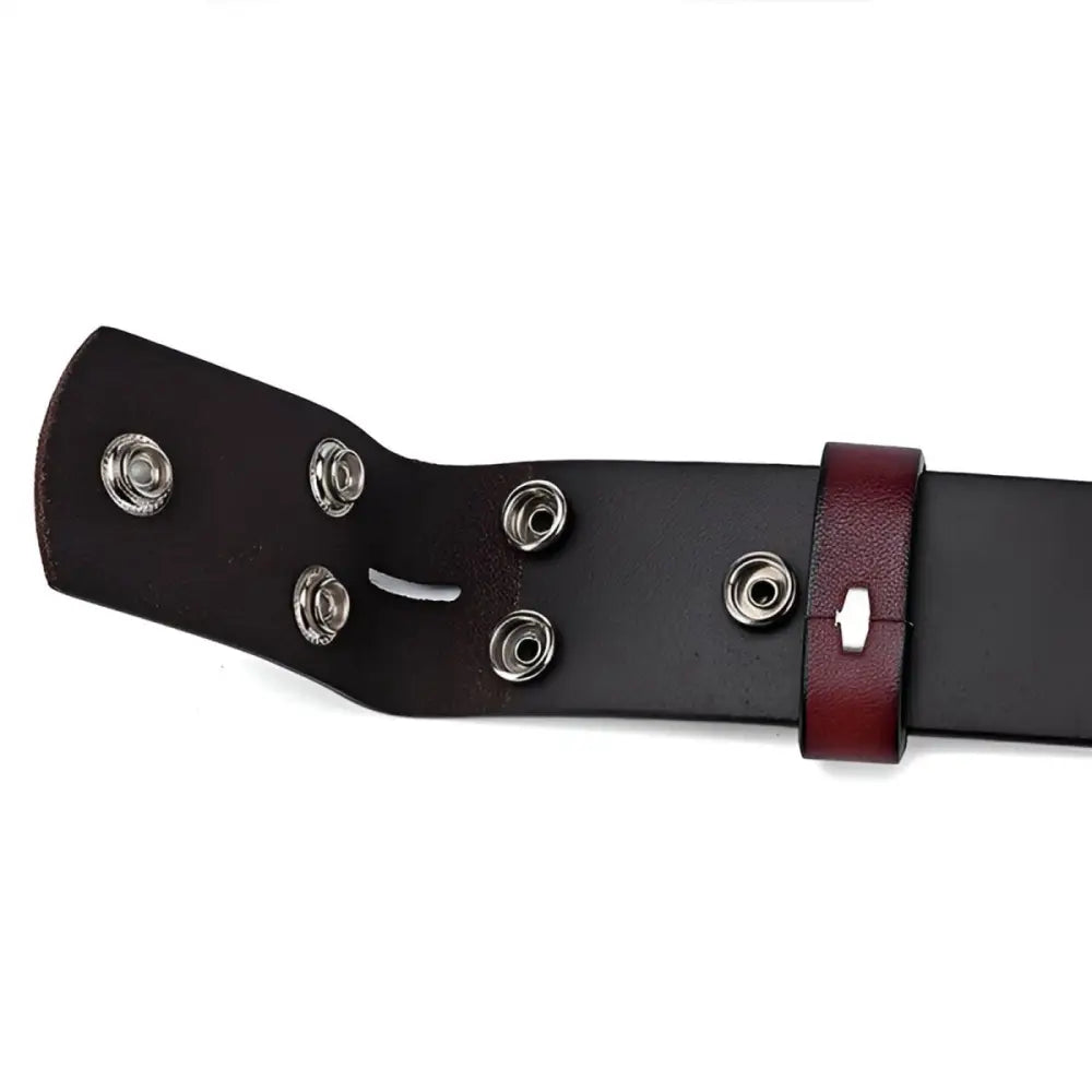 Leather belt with snap closures and silver hardware for stylish fastening