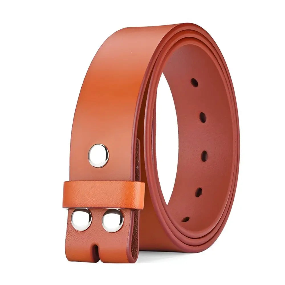 Brown leather belt with silver hardware and snap closures for stylish wear
