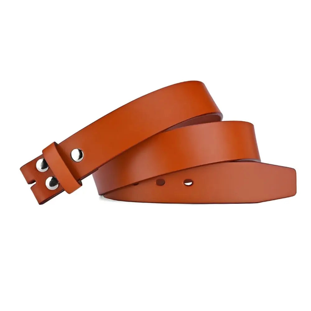 Brown leather belt with snap closures and silver hardware for stylish wear