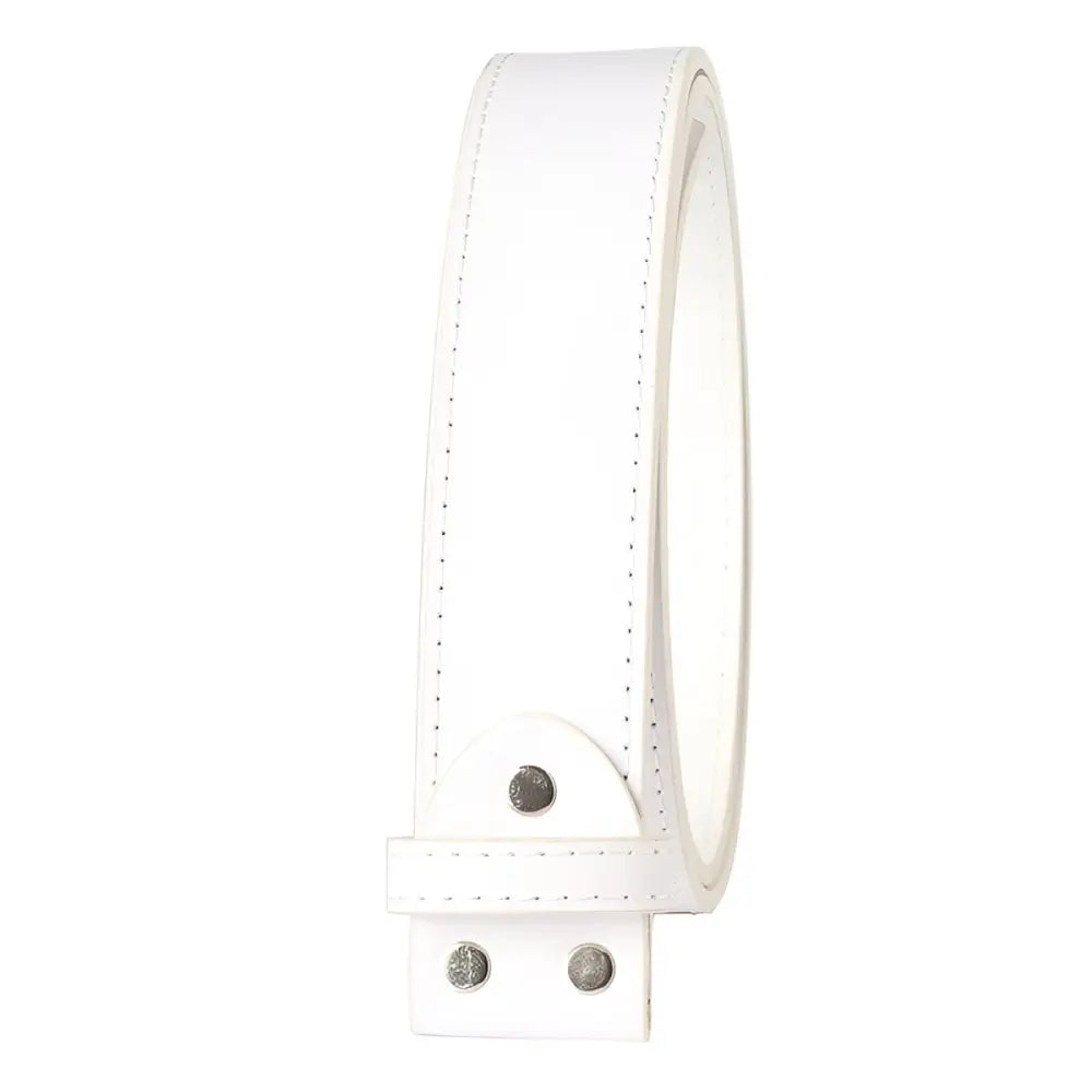 White leather belt displayed in product lineup of black and brown leather belts with buckle options