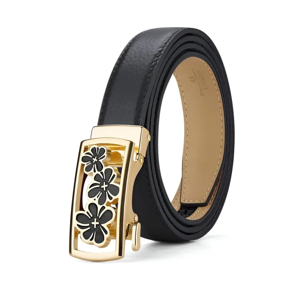 Black grained leather belt with a unique floral buckle featuring three flowers