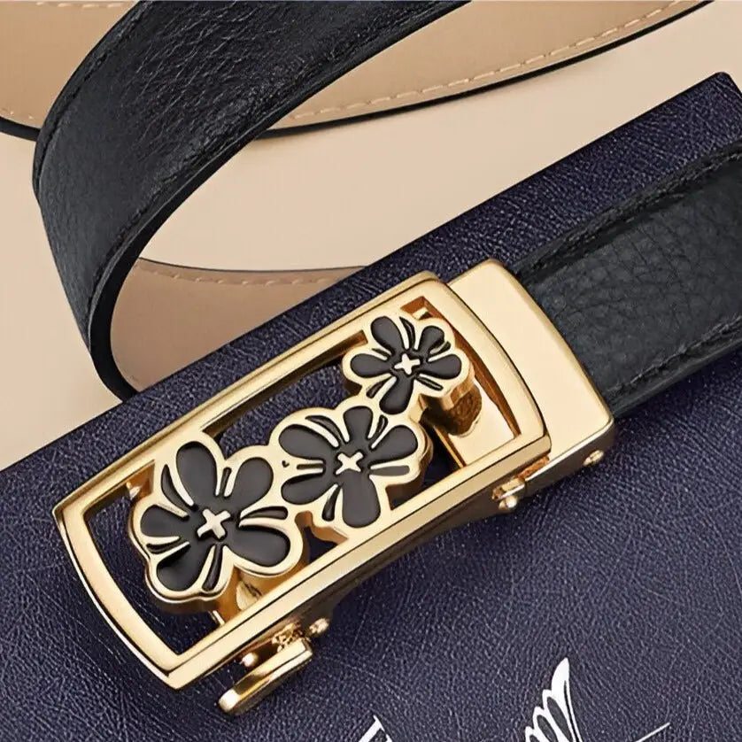 Grained leather belt with unique floral buckle featuring three flowers for elegant wear
