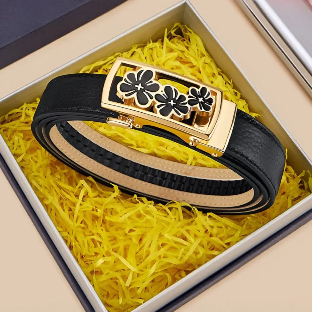 Black grained leather belt with a unique floral buckle featuring three flowers