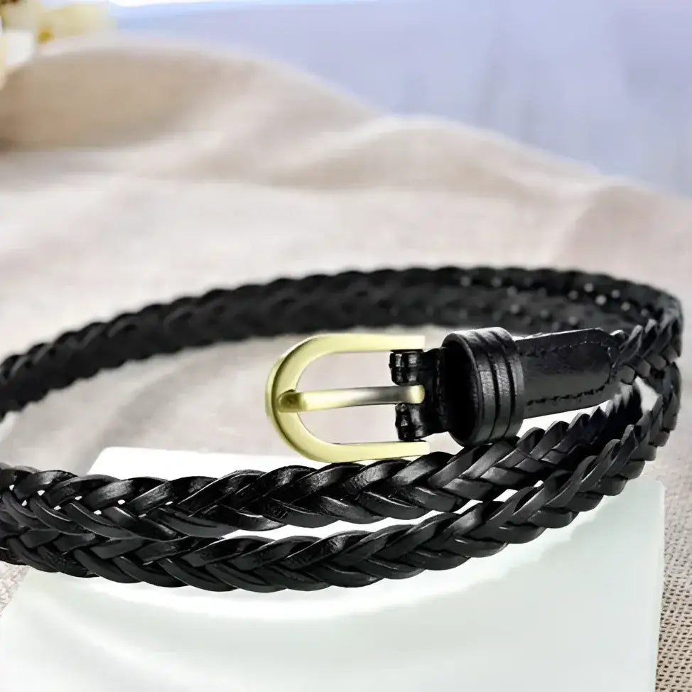 Elegant leather belt with braided design and gold buckle for stylish attire