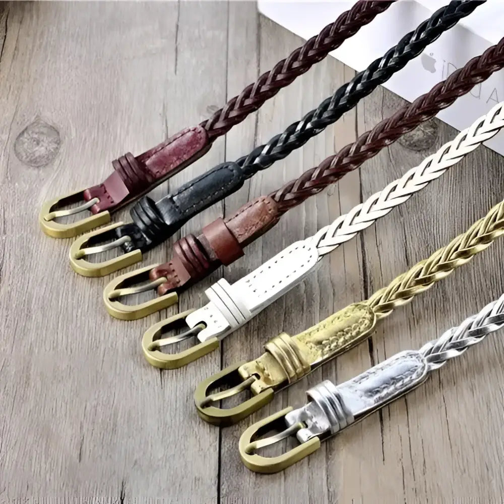 Leather belt with braided design and metal buckle for elegant style