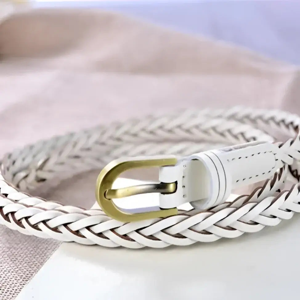 Leather belt with braided white design and gold buckle for elegant styling