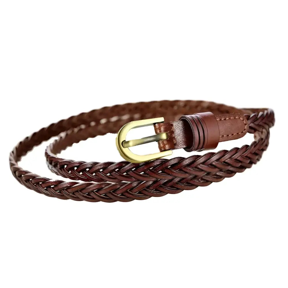 Leather belt with braided design and gold buckle for elegant styling