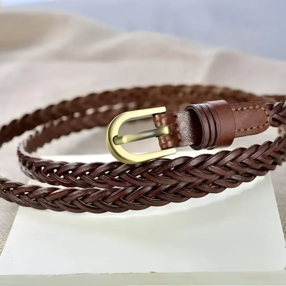 Elegant braided brown leather belt with gold buckle for sophisticated styling