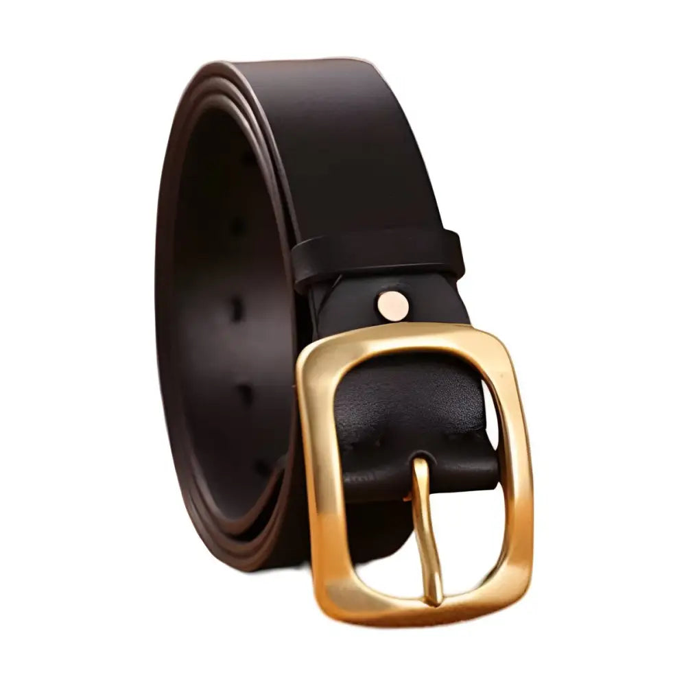 Black leather belt with gold buckle from Leather Belts with Brass or Gold Buckles in Brown and Black