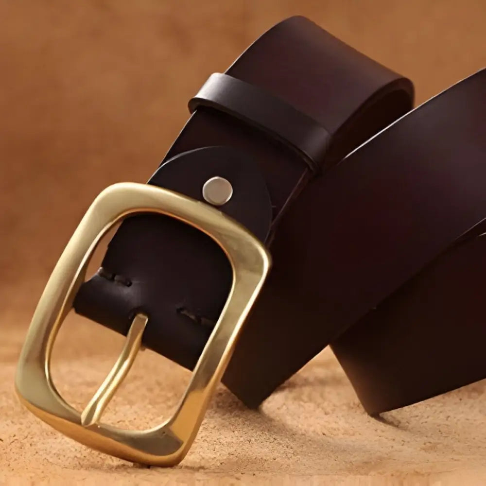 Brown leather belt with brass buckle displayed in Leather Belts with Brass or Gold Buckles collection