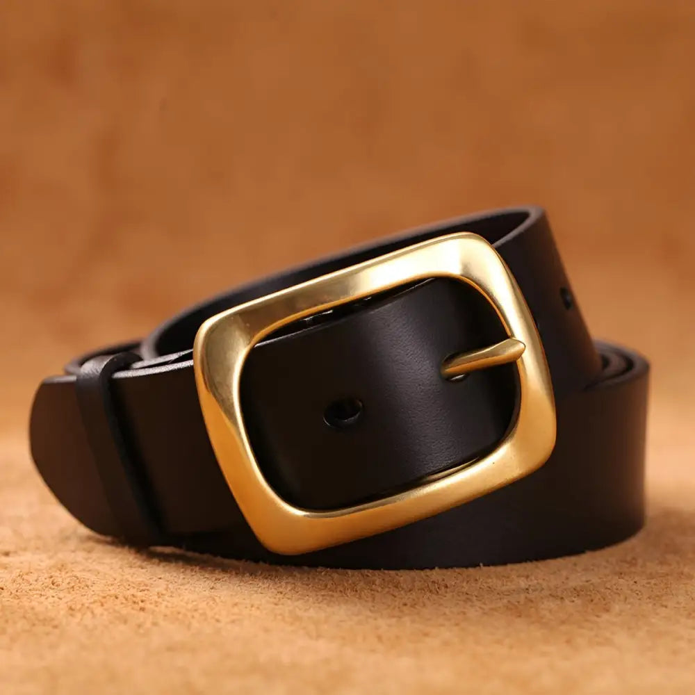 Black leather belt with a gold buckle from Leather Belts with Brass or Gold Buckles in Brown and Black