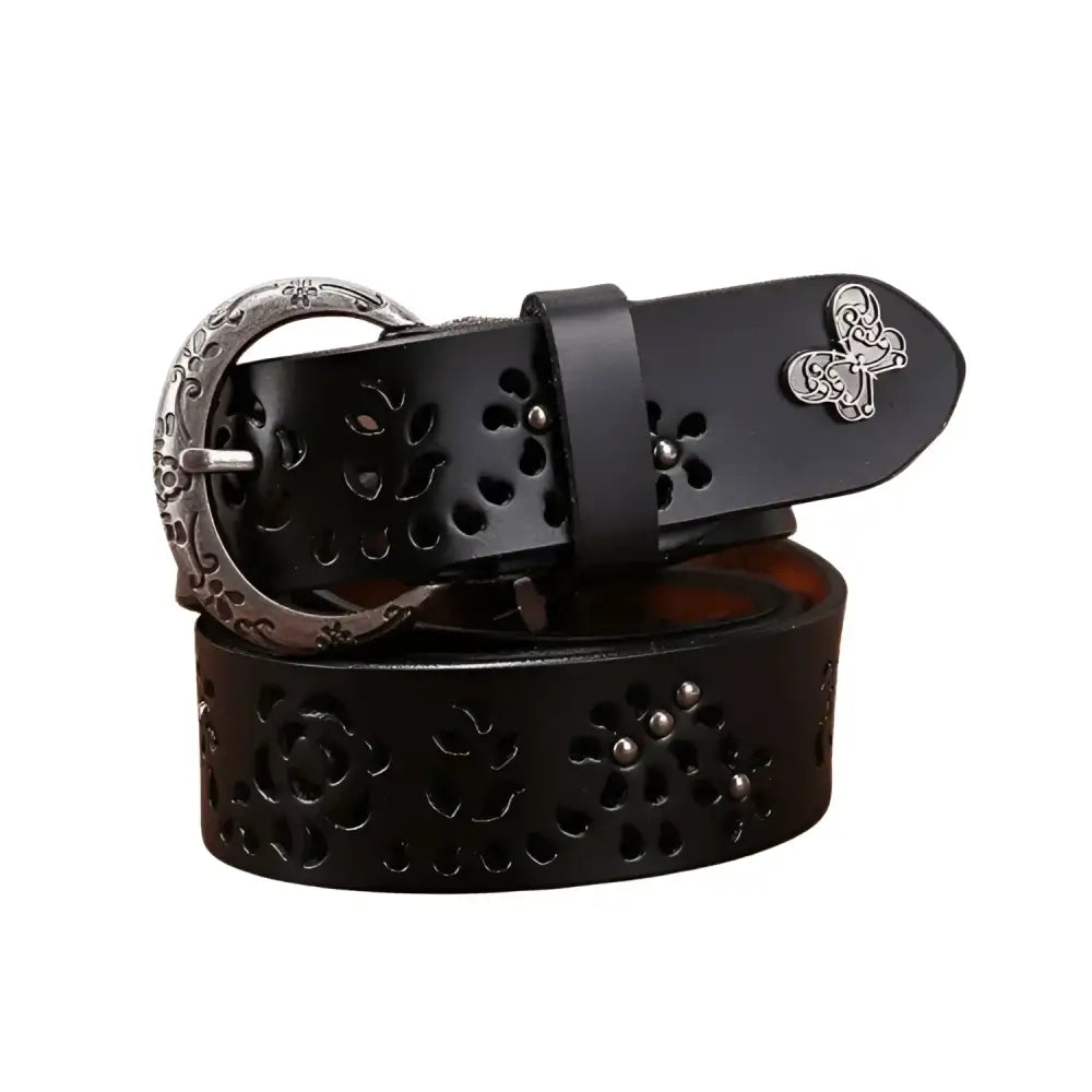 Black leather belt with floral cutouts and silver buckle from Leather Belts with Decorative Buckles and Floral Cutouts