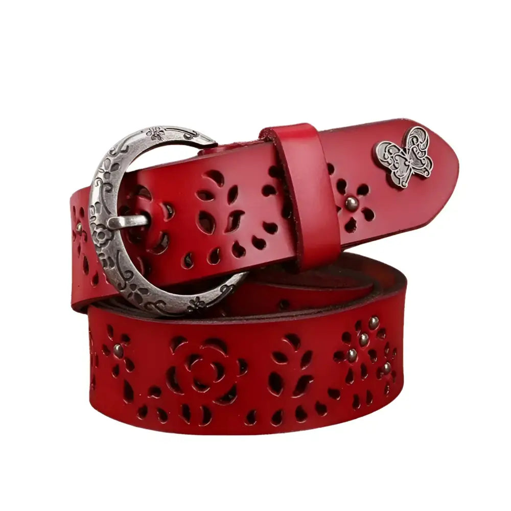Red leather floral-cutout belt from Leather Belts with Decorative Buckles and Floral Cutouts