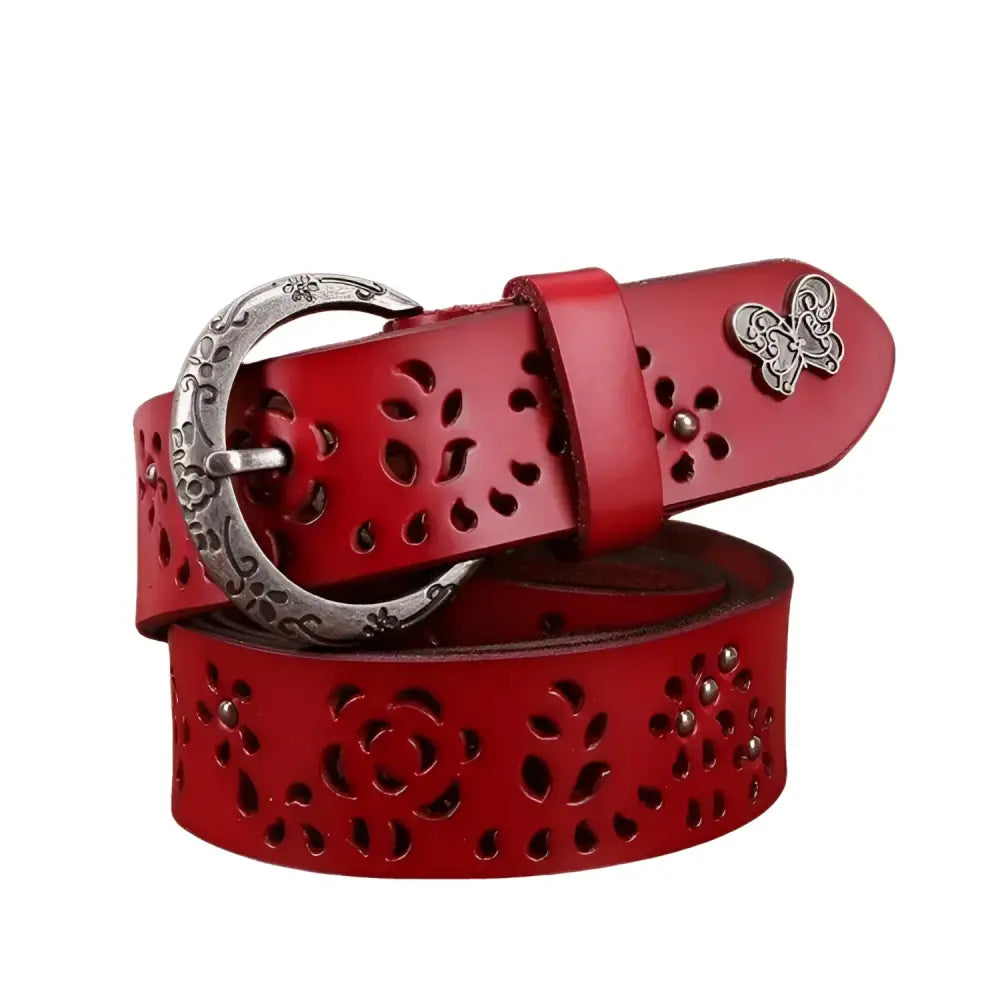 Red leather belt with floral cutouts from Leather Belts with Decorative Buckles and Floral Cutouts