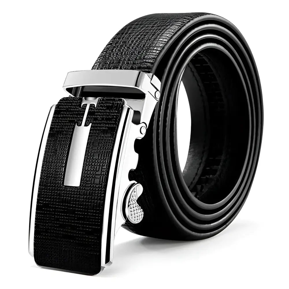 Black leather ratchet belt with silver buckle from Leather Belts with Decorative Metal Buckles in Brown and Black