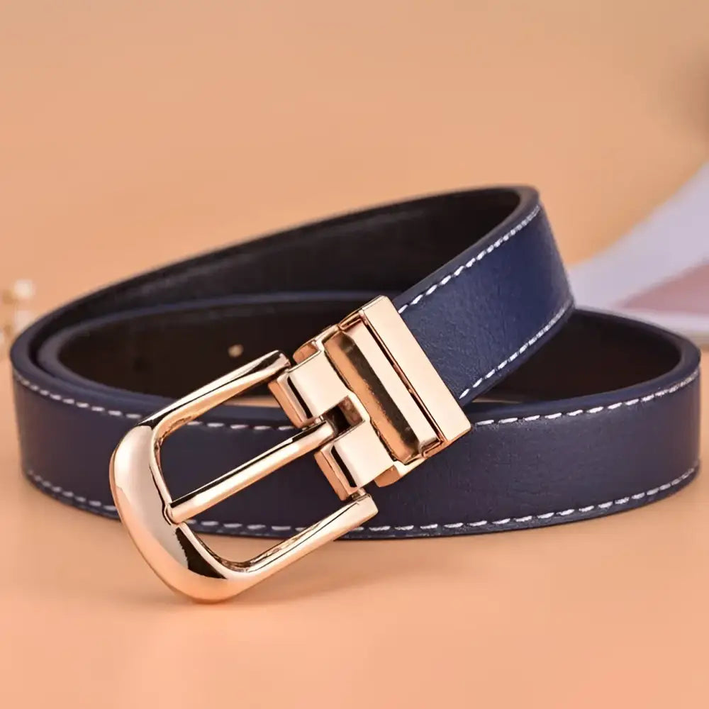 Blue leather belt with a gold buckle, stylish accessory from Leather Belts with Gold Buckles in Blue