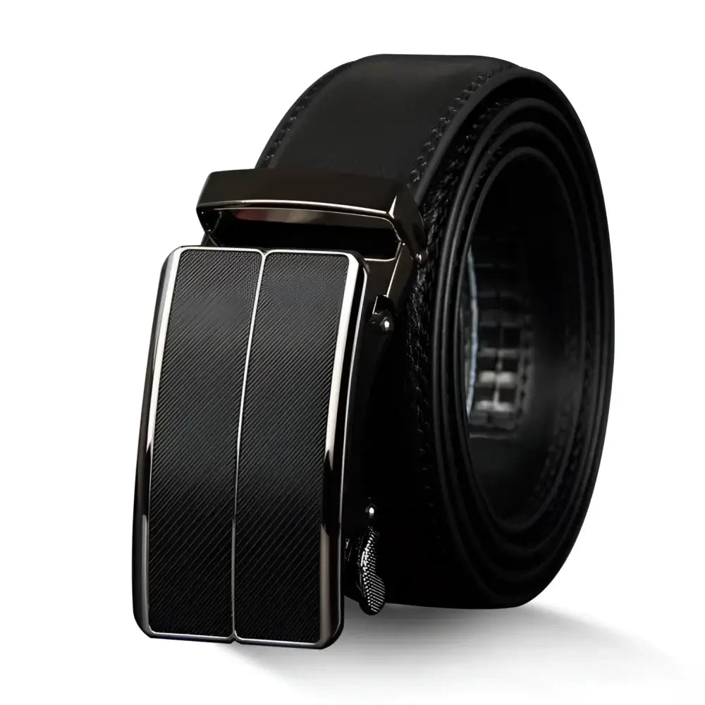 Black leather ratchet belt with metal buckle from Leather Belts with Metal or Black Buckles