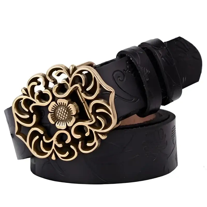 Black leather belt with an ornate gold buckle from Leather Belts with Ornate Buckles in Red and Brown