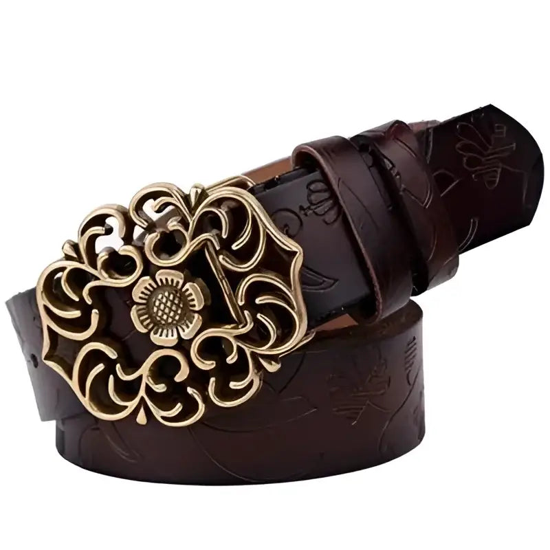 Brown leather belt with ornate buckle from Leather Belts with Ornate Buckles in Red and Brown