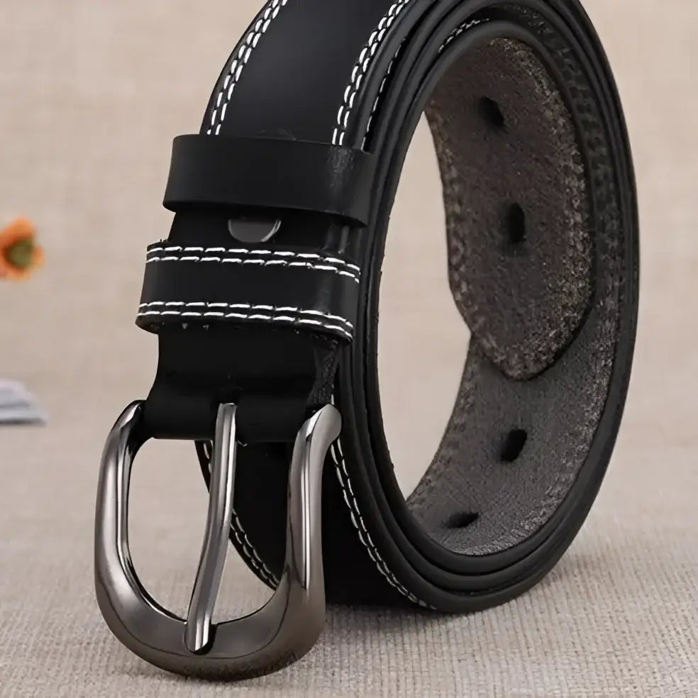 Black leather belt with silver buckle featuring multiple hole design