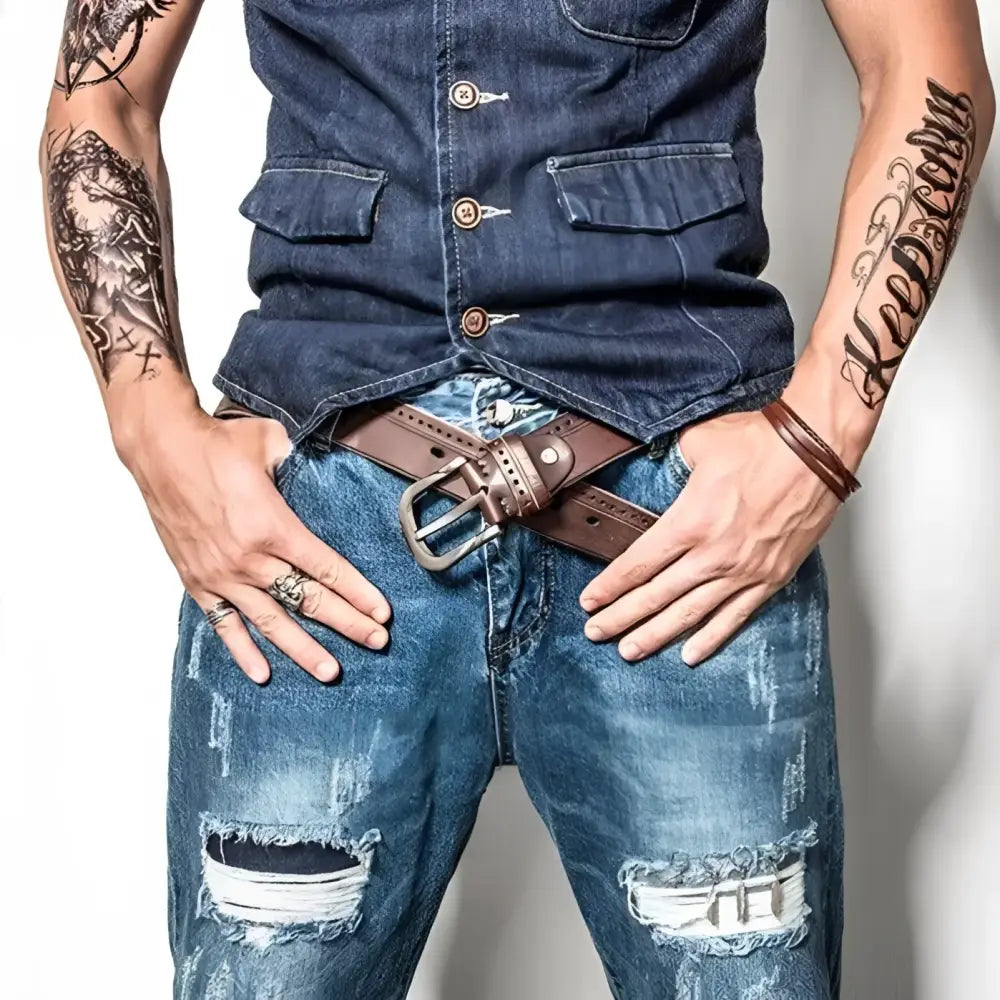 Ripped Blue Jeans with Brown Leather Belt Featuring Silver Buckle on a formal model