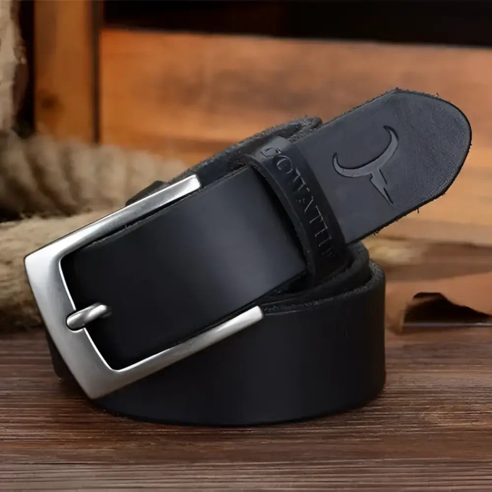 Black leather belt with silver buckle, featured in Brown and Black Leather Belts with Silver Buckles collection