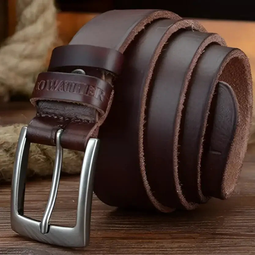 Brown leather belt with silver buckle displayed on product Leather Belts with Silver Buckles in Brown and Black