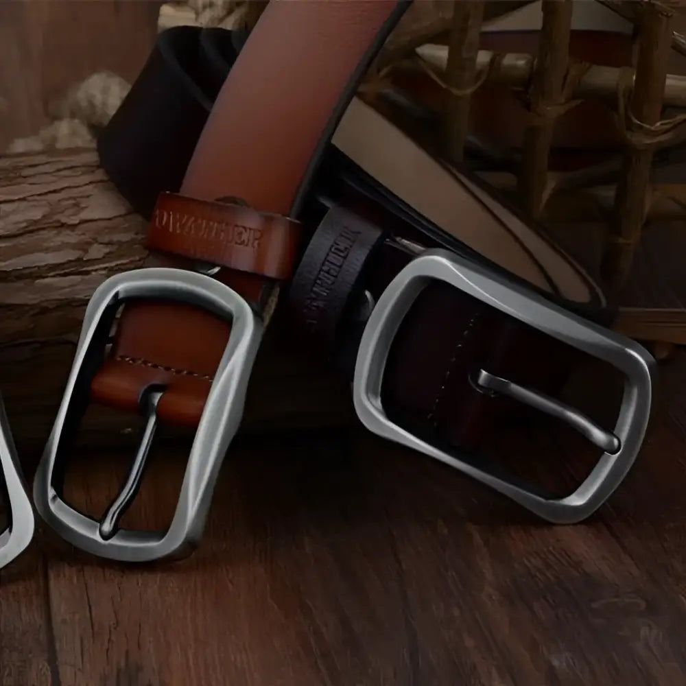 Leather belts with silver buckles in brown and black styles for men and women