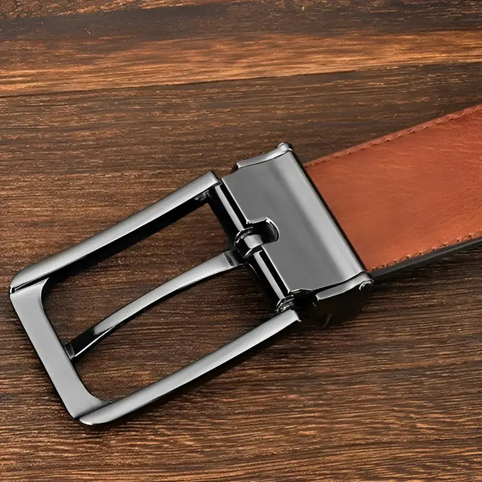 Brown leather suit belt with silver buckle, stylish belt en cuir for formal wear
