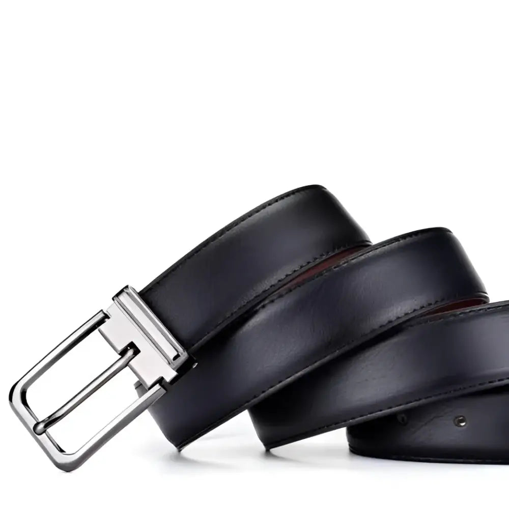 Leather suit belt with silver buckle in black color, premium belt en cuir accessory